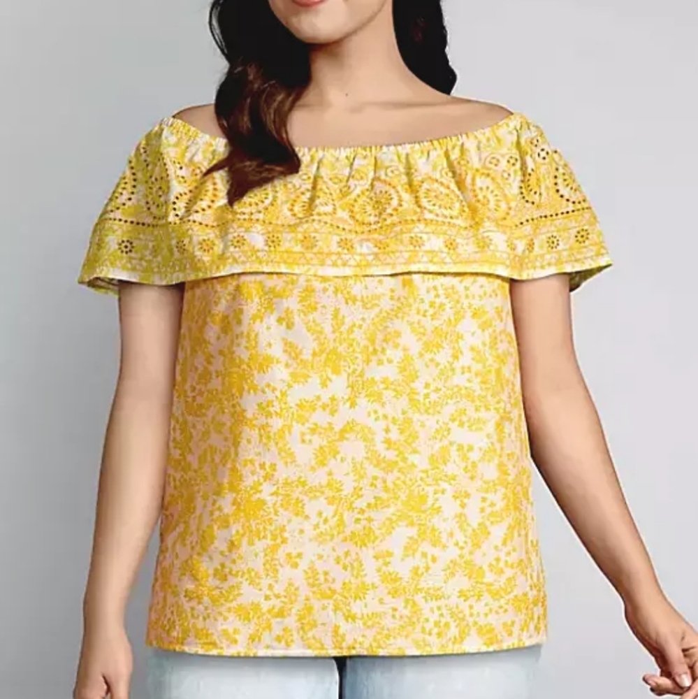 LANE BRYANT YELLOW FLORAL EYELET TOP 26/28